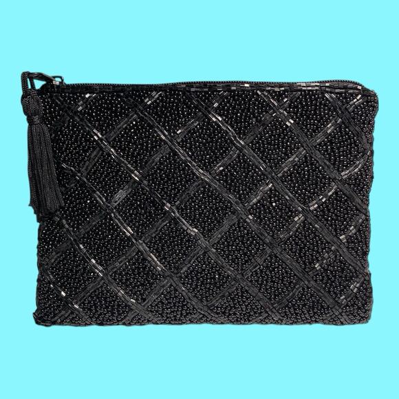 Lancome Beaded Clutch Evening Bag Zipper 4 1/2” X 6” Black - Picture 9 of 13